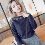 40B1(21145) 2015早春新款韓版時尚金格子花邊拼接圓領長袖女士T恤(黑色)