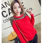 40B1(21145) 2015早春新款韓版時尚金格子花邊拼接圓領長袖女士T恤(紅色)
